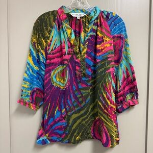Trina Turk Nomadic Peacock Ingrid Top in Multi Silk Blend Size Small Popover